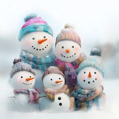 a group of snowmen standing next to each other