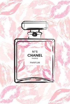 a chanel perfume bottle on a pink and white background with watercolor splashes