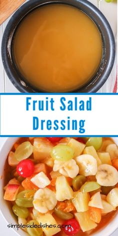 fruit salad dressing in a bowl next to a plate with grapes and bananas on it