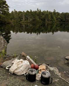 there are two coffee mugs and an apple on the rocks by the water's edge