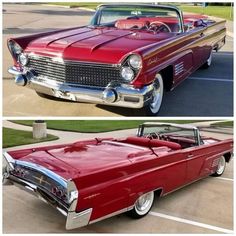 two pictures of the same car in different stages of being restored, one is red and the other is white