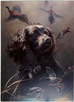 a painting of a dog surrounded by birds