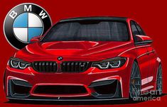 a red bmw car with the m logo on it's front end greeting card