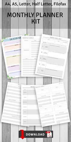 the printable month planner kit is shown on a wooden background with text overlay