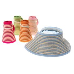 Boardwalk Hats' Two Tone Roll Up Wrap Around Sun Visor Hat provides the perfect combination of style and sun protection for kids. With an open crown wrap around design and a unique striped colorful pattern, this hat is lightweight and easy to roll up and take on the go. Plus, its small size ensures a snug and comfortable fit. Enjoy the sun while staying safe! All around 3" wide brim. Two tone striped ribbon bound brim. Adjustable hook and loop closure. Elastic band to hold rolled up visor in pla Multicolor Outdoor Hat With Uv Protection, Multicolor Outdoor Hats With Uv Protection, Striped Bucket Sun Hat For Beach, Striped Bucket Hat For Beach, Striped Bucket Hat For The Beach, Multicolor Uv Protection Hat For Outdoor, Spring Multicolor Bucket Hat With Uv Protection, Multicolor Uv Protection Bucket Hat For Spring, Striped Brimmed Sun Hat For The Beach