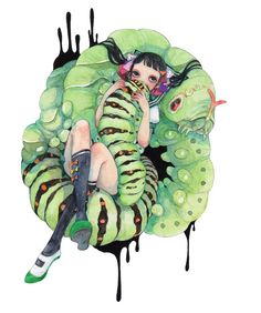 a drawing of a woman sitting on top of a green creature with black stripes and legs