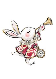 a drawing of a rabbit holding a clock and wearing a pink dress with gold trims