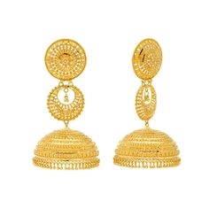 These elegant 22 karat yellow gold jhumka earrings for women will add a shimmering effect to any look. Features• 22K Yellow GoldAdd a pair of 22 karat gold earrings from Virani to your jewelry collection! Our assortment of fine gold jewelry for women includes a vast assortment of 22 karat gold earrings in traditional and western styles for all occasions. Specifications• Minimum Earring Width - 7 millimeter• Maximum Earring Width - 40 millimeters• Earring Size - 76 millimeters• Earring Length - 3 Luxury Traditional Yellow Earrings, Luxury Round Gold Plated Danglers, Gold Jhumka, Gold Jhumka Earrings, Fine Gold Jewelry, Gold Bead Necklace, Jhumka Earrings, Jewelry For Women, Gold Beads