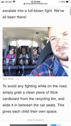 an image of the back seat of a car with two babies in it and another child sitting