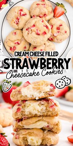 cream cheese filled strawberry cheesecake cookies stacked on top of each other