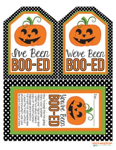 two halloween tags with pumpkins on them and the words boo - ed, boo - ed