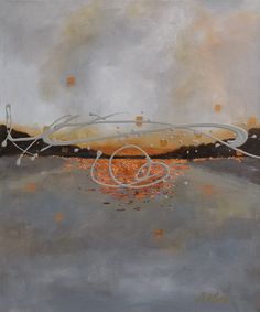 an abstract painting with white lines and oranges on the ground in front of a gray sky