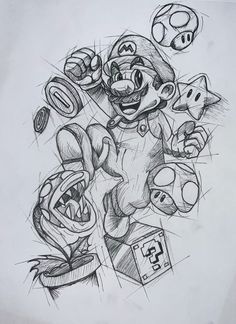 a drawing of mario and luigi in the middle of a bunch of different things on paper