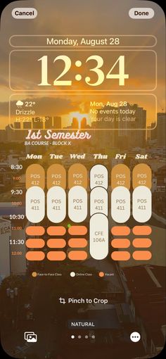 an iphone screen showing the time and date for each event in front of a cityscape