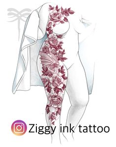 a drawing of a woman with flowers on her back