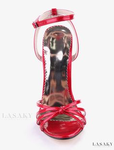 Lasaky - Womens Patent Leather High Heel Sandals - Red Open-Toe Heels with Elegant Knot Detailing Party Sandals With Red Sole And Ankle Strap, Red Open Heel Sandals For Party, Red Strappy Heels For Party, Red High Heel Sandals For Evening, Chic Red Strap Heels, Red Strappy Sandals With 4-inch Heel, Red High Heel Strap Shoes, Red High Heel Shoes With Strap, Red High Heels With Strap