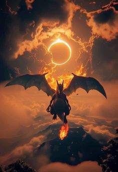 a dragon flying through the air with its wings spread out in front of a sun