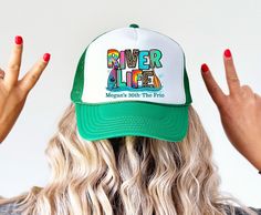 River theme Trucker hats are great for Bachelorette or Birthday Parties, Float Parties! The colors can be chosen at checkout! Brim and Mesh hat will feature the chosen color. Adjustable 6 panel features an adjustable plastic strap and  a pony tail hole!  One size fits most! No returns or exchanges But please contact me if you have any problems with your order! Fun Hats For Birthday And Carnival, Fun Carnival Birthday Hats, Fun Birthday Carnival Hats, Fun Green Hat For Gift, Fun Multicolor Birthday Hats, Fun Multicolor Customizable Hats, River Bachelorette Party, River Bachelorette, River Party