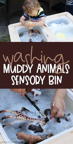 a toddler playing with muddy animals in an outdoor bin