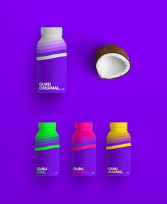 an image of various bottles and a coconut on a purple background