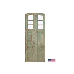 an old green door with two windows on the front and one in the back, against a white background