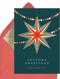 a christmas card with an image of a star on it and the words seasons greetings