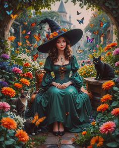 a woman in a green dress and witch hat sitting on a chair surrounded by flowers