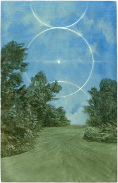 a painting of two circles in the sky over a dirt road with trees on either side