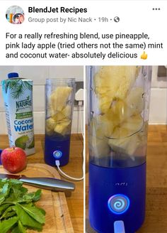 the blender is full of fruit and has some juice in it, along with other ingredients