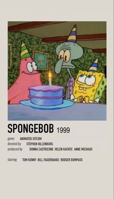 spongebo birthday cake with candles on it in front of an image of the spongebo