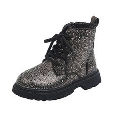 • Upper Material: Leather• Outsole Material: Rubber• Season: Winter• Fashion Element: Bling• Heel Type: Low-heeled• Lining Material: Cotton Fabric• Toe Shape: Round Toe• Closure Type: Zipper• Fit: Fits true to size, take your normal size• Boot Height: Mid-Calf• Width Options: Medium • Shipping Worldwide• Import Product Summer Boots With Rhinestones And Round Toe, Silver Synthetic Boots With Round Toe, Girls Chelsea Boots, Kids Ankle Boots, Bling Heels, Sneakers Street Style, Brand Name Shoes, Toddler Boots, Winter Mode