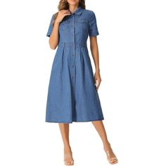 Allegra K Denim Dress for Women's A-Line Button Down Collared Short Sleeve Casual Midi Jean Shirt Dresses The A-line silhouette flatters your figure, while the button-up front and collared neckline add a touch of sophistication to the casual denim fabric. With short rolled-up sleeves for added breathability, this dress is ideal for everyday wear or casual outings. Size: M.  Color: Blue.  Gender: female.  Age Group: adult. Jean Shirt Dress, Dresses Casual Boho, Women Dresses Casual Summer, Casual T Shirt Dress, Mock Neck Mini Dress, Midi Jeans, Boho Beach Dress, Jean Shirt, Organza Dress