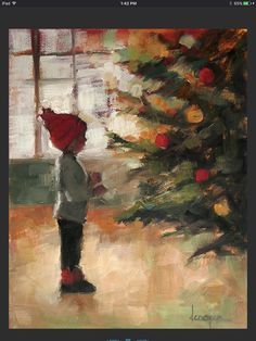 a painting of a little boy standing in front of a christmas tree with an umbrella