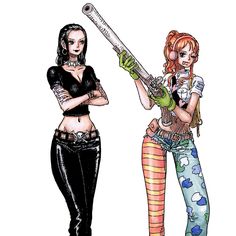 two women in tights are holding a chainsaw