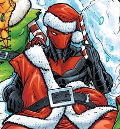 a comic character dressed as santa claus and holding a knife in his hand with two other characters behind him