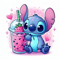 a cartoon character holding a strawberry smoothie in front of a cup with strawberries