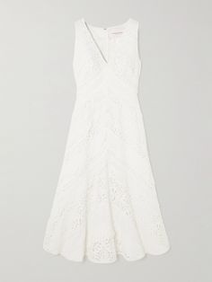 EXCLUSIVE AT NET-A-PORTER. Carolina Herrera's dress is made from panels of pretty broderie anglaise cotton - they're strategically placed to draw the eye in, streamlining your silhouette. It's fully lined for coverage and has a V-neck perfect for showing off a few dainty necklaces. Since it's part of the designer's exclusive summer-inspired capsule, we suggest accessorizing with a raffia bag. Elegant Cotton Dress With Scalloped Lace, Luxury White Dresses With Broderie Anglaise, Fitted Broderie Anglaise Midi Dress For Wedding, White Midi Dress With Broderie Anglaise For Wedding, Fitted Midi Dress With Broderie Anglaise For Wedding, White Cotton Dress With Scalloped Lace, Fitted Wedding Midi Dress With Broderie Anglaise, Elegant Sleeveless Broderie Anglaise Midi Dress, Luxury Chic Broderie Anglaise Midi Dress