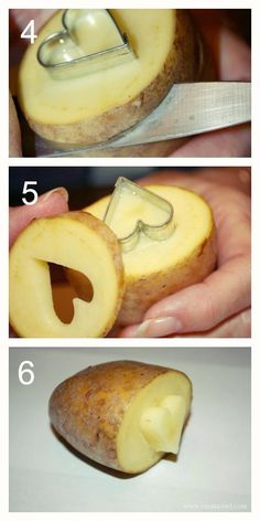 three pictures showing how to cut and slice a potato with a sharp knife, including the peel