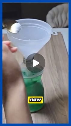 a person is pouring green liquid into a container with a spoon in it and the words now are below