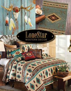 the lonestar western decor is displayed in this collage with deer heads and other items