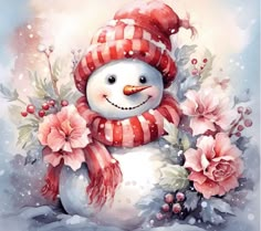 a painting of a snowman wearing a red and white striped scarf, with flowers around his neck