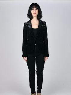 Any Old Iron Velvet Underground Jacket Fitted blazer Suit Pockets Flip from velvet sequins to shiny black sequins Front pockets Instant Rockstar Size Guide Women’s Suits and Sequin Moto XS S M L XL Chest 37 35.5 37 38.5 40 Waist 27 29 30.5 32 34 Hip 34 35.5 37 38.5 40 Arm Length 23.5 24 24.5 25 25.5 Shoulder Across Back 15.5 16 17 18 19 Outside Leg 24 24.5 25 25.5 26 Kate Bosworth, Miranda Lambert, Fitted Blazer, Cardi B, Elton John, Black Sequins, Lady Gaga, Beyonce, Blazer Suit