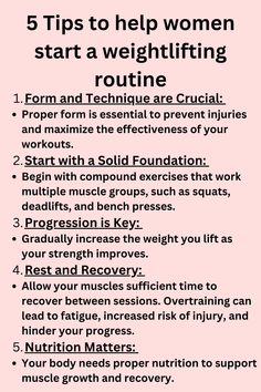 a pink poster with the words 5 tips to help women start a weight lifting routine