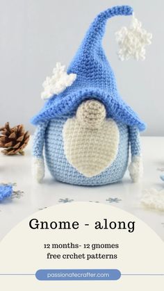 a crocheted gnome is sitting on the table with pine cones and snow flakes