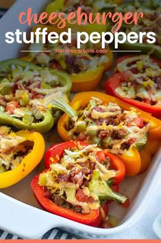 stuffed peppers in a white casserole dish with text overlay