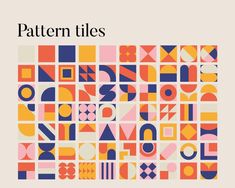 the cover of pattern tiles, with different shapes and sizes in orange, pink, blue,