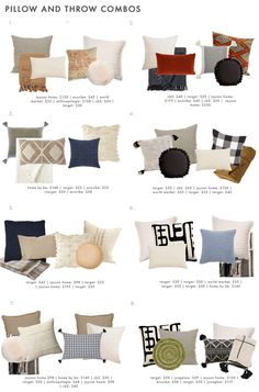 pillows and throw combos in various styles, sizes and colors are featured on this page