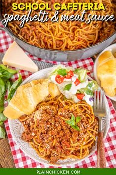 spaghetti and meat sauce on a white plate with red checkered table cloth next to it