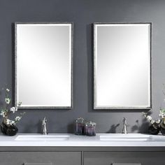 there are two mirrors on the wall above the sinks in this bathroom, one is silver and the other is white