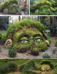 a moss covered face in the middle of a garden